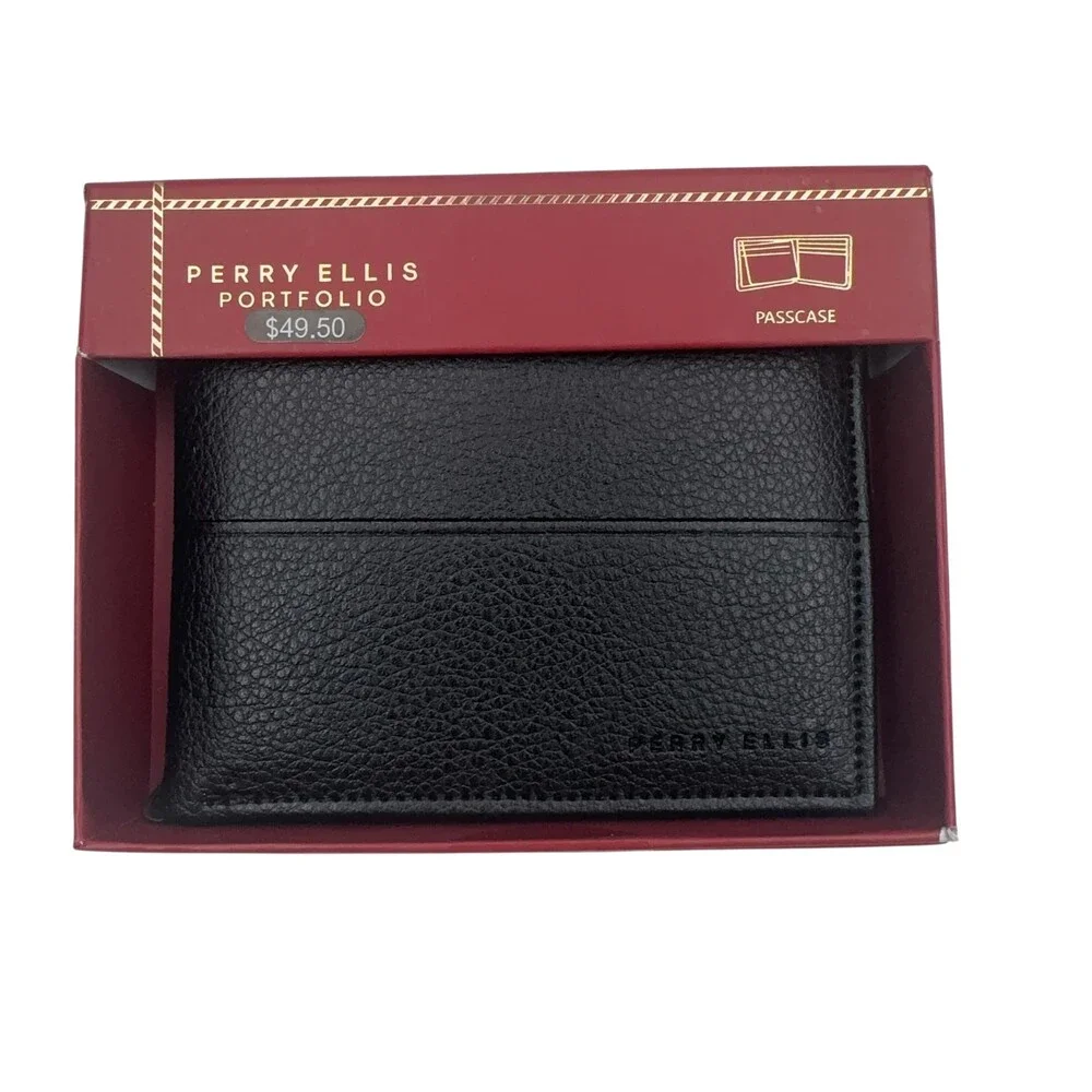 Perry Ellis Portfolio Wallet Mens Black Leather Bifold Holiday Passcase